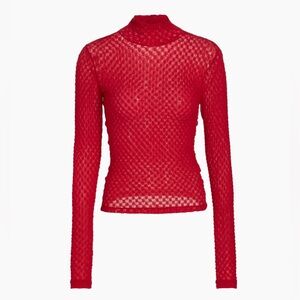 Frame Textured Mesh Mock-Turtleneck Top Cherry Red Women Size XL